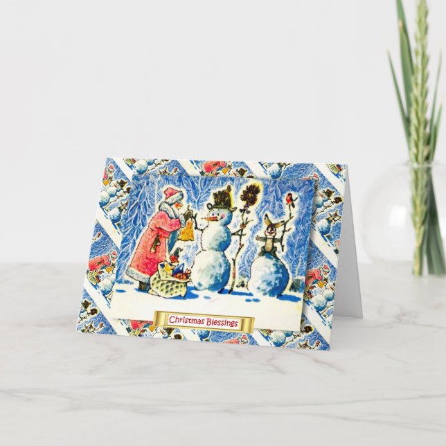 Vintage Russian Christmas,  Santa giving gifts Holiday Card (Front)