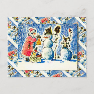 Vintage Russian Christmas, Snowman, Santa Holiday Postcard