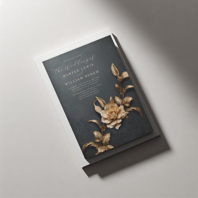 vintage rustic 3d metallic foliage wedding invitation (3d golden metallic flowers wedding inviation)