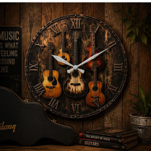 Vintage Rustic Acoustic & Electric Guitar Music Large Clock