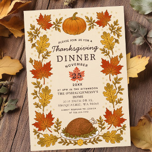 Vintage Rustic Autumn Leaves Thanksgiving Dinner Invitation