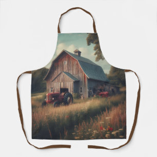 Vintage rustic barn and old tractors apron