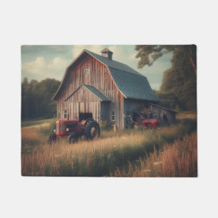 Vintage rustic barn and old tractors doormat