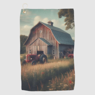 Vintage rustic barn and old tractors golf towel