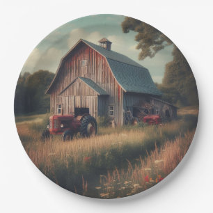Vintage rustic barn and old tractors paper plate