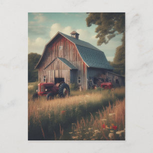Vintage rustic barn and old tractors postcard