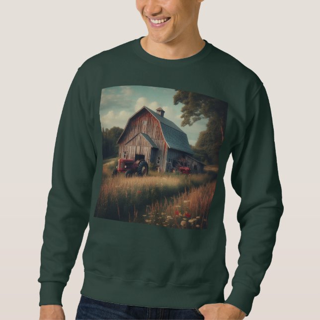 Vintage rustic barn and old tractors sweatshirt (Front)