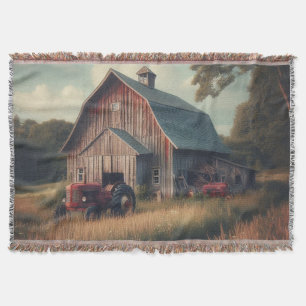Vintage rustic barn and old tractors throw blanket