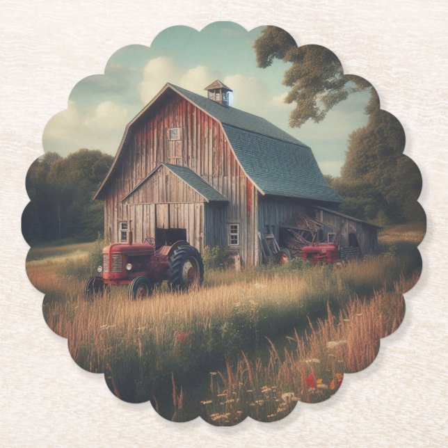 vintage/rustic barn & tractor art paper coaster (Front)