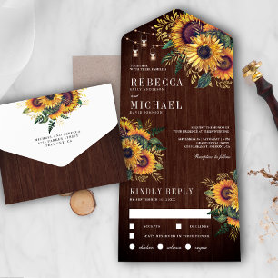 Vintage Rustic Barn Wood Boho Sunflowers Wedding All In One Invitation