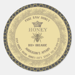 Vintage rustic bee crown honey comb honey jar classic round sticker