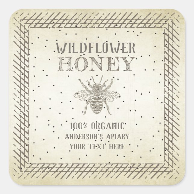 Vintage rustic bee honey jar square sticker (Front)