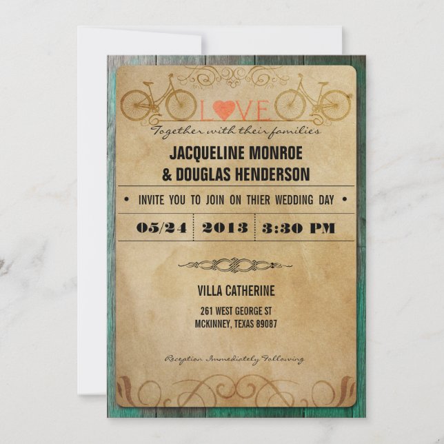 Vintage Rustic Bicycle Wedding Invitations (Front)