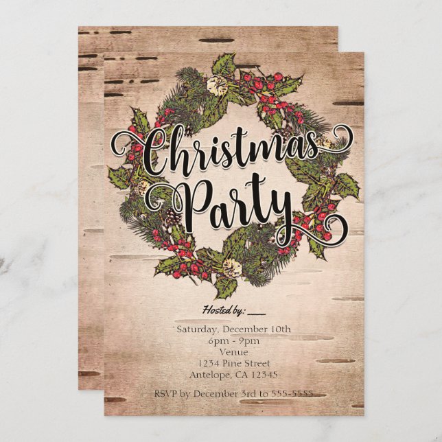 Vintage Rustic Birch Christmas Party Invitations (Front/Back)