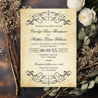 Vintage Rustic Black Flourish Parchment Wedding Invitation