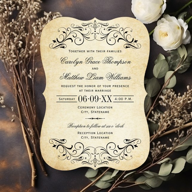 Vintage Rustic Black Flourish Parchment Wedding Invitation (Creator Uploaded)