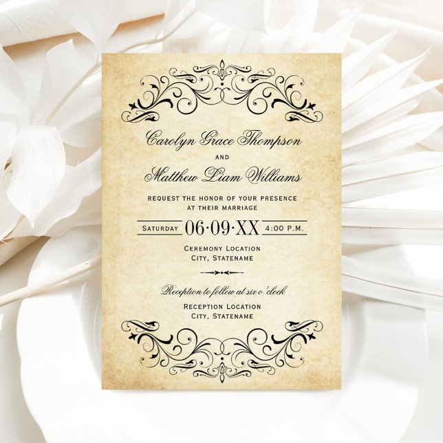 Vintage Rustic Black Flourish Parchment Wedding Invitation (Creator Uploaded)