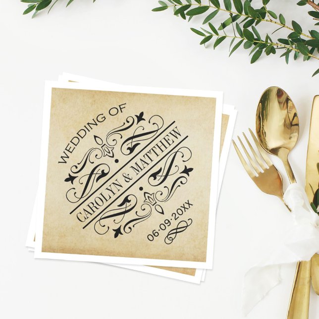 Vintage Rustic Black Flourish Parchment Wedding Napkin (Creator Uploaded)