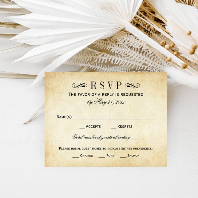 Vintage Rustic Black Flourish Parchment Wedding RSVP Card (Creator Uploaded)