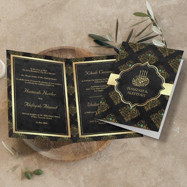 Vintage Rustic Black Gold Damask Muslim Wedding Invitation (Creator Uploaded)