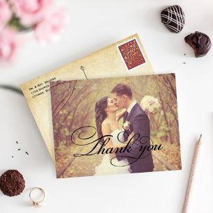 Vintage Rustic Black Script Wedding Photo Thank You Card