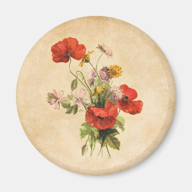 Vintage Rustic Bouquet Red Poppies Wild Flowers Magnet (Front)