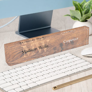 Vintage rustic brown burnt wood Carpenter Monogram Nameplate