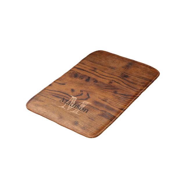Vintage rustic brown burnt wood Monogram Bath Mat (Angled)