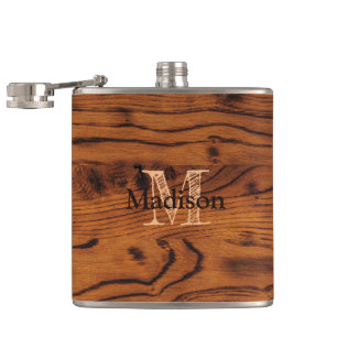 Vintage rustic brown burnt wood Monogram Hip Flask