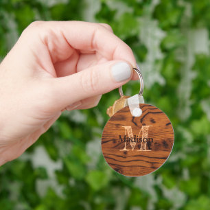 Vintage rustic brown burnt wood Monogram Key Ring