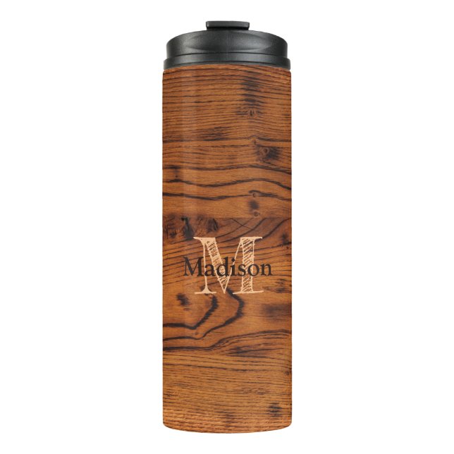 Vintage rustic brown burnt wood Monogram Thermal Tumbler (Front)
