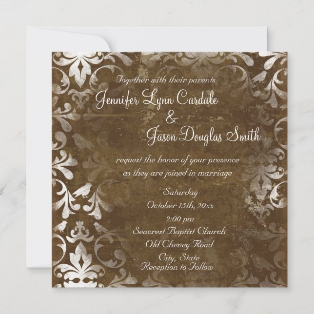 Vintage Rustic Brown Damask Wedding Invitations (Front)