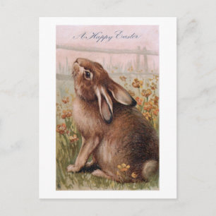Vintage Rustic Brown Easter Bunny & Wildflowers Postcard