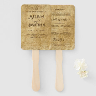 Vintage rustic brown wedding Bride Groom Program Hand Fan