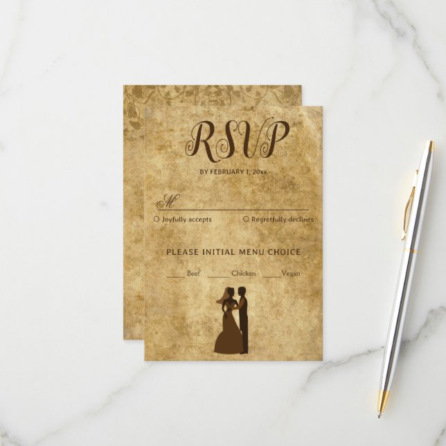Vintage rustic brown wedding Bride Groom RSVP Card (Front/Back In Situ)
