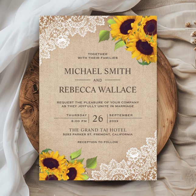 Vintage Rustic Burlap White Lace Sunflower Wedding Invitation (Creator Uploaded)