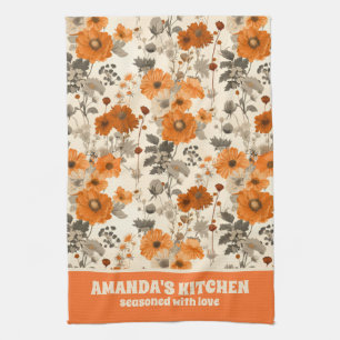 Vintage Rustic Burnt Orange Fall Flowers Pattern Tea Towel