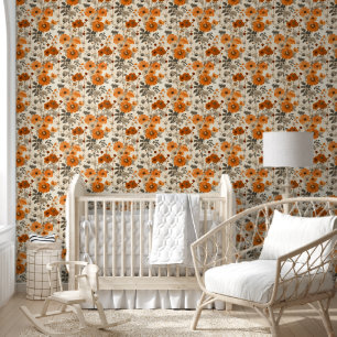 Vintage Rustic Burnt Orange Fall Flowers Pattern Wallpaper