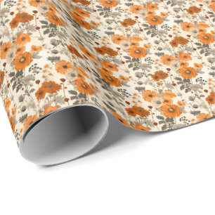 Vintage Rustic Burnt Orange Fall Flowers Pattern Wrapping Paper