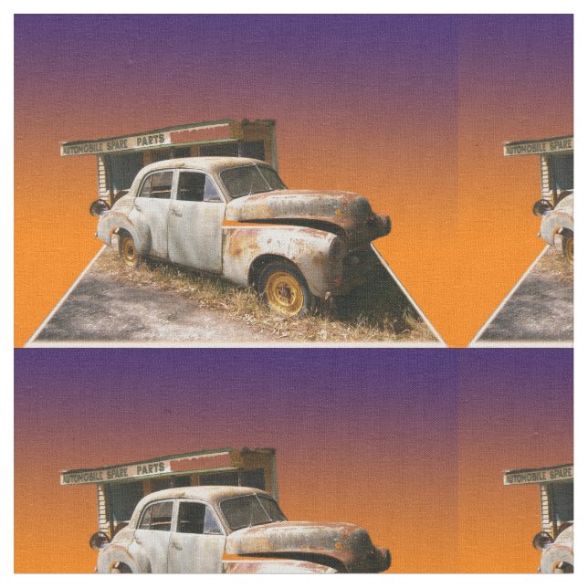 Vintage Rustic Car And Garage, Fabric (Close Up)
