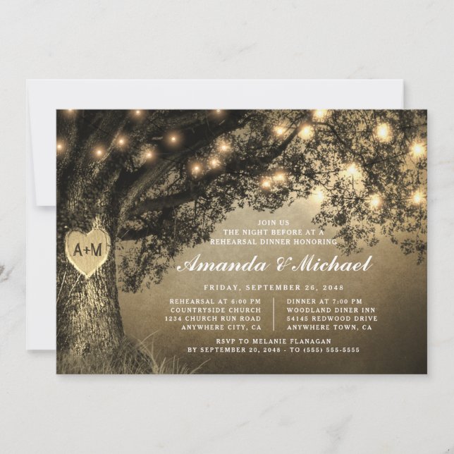 Vintage Rustic Carved Oak Tree Rehearsal Dinner Invitation (Front)
