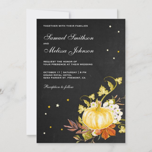 Vintage Rustic Chalkboard Autumn Pumpkin Wedding Invitation (Front)