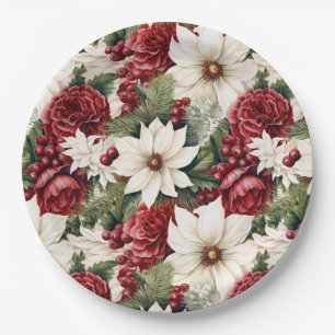 Vintage Rustic Christmas Flowers leaves Pattern Paper Plate