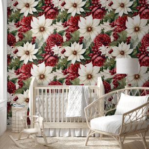 Vintage Rustic Christmas Flowers Leaves Pattern Wallpaper
