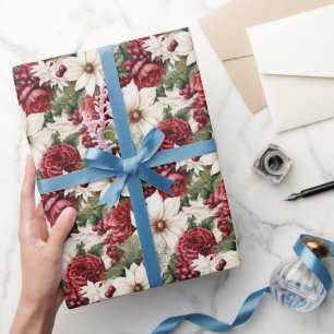 Vintage Rustic Christmas Flowers leaves Pattern Wrapping Paper