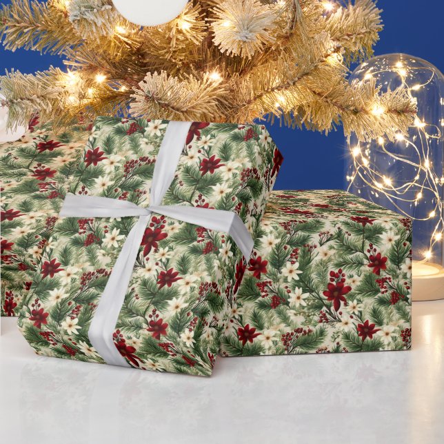 Vintage Rustic Christmas Tree Branches Pattern Wrapping Paper (Holidays)