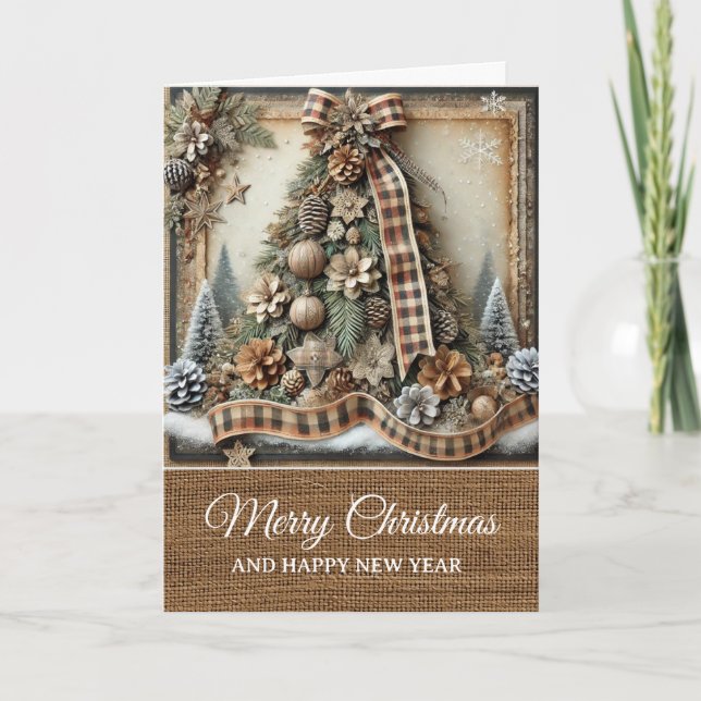 Vintage Rustic Christmas Tree Merry Christmas  Card (Front)