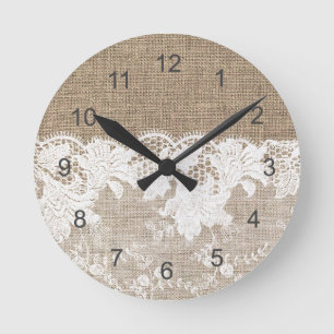 Vintage rustic country beige burlap and white lace round clock