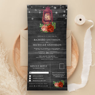 Vintage Rustic Country Floral Oil Lantern Wedding Tri-Fold Invitation