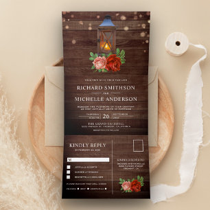 Vintage Rustic Country Floral Wood Lantern Wedding Tri-Fold Invitation
